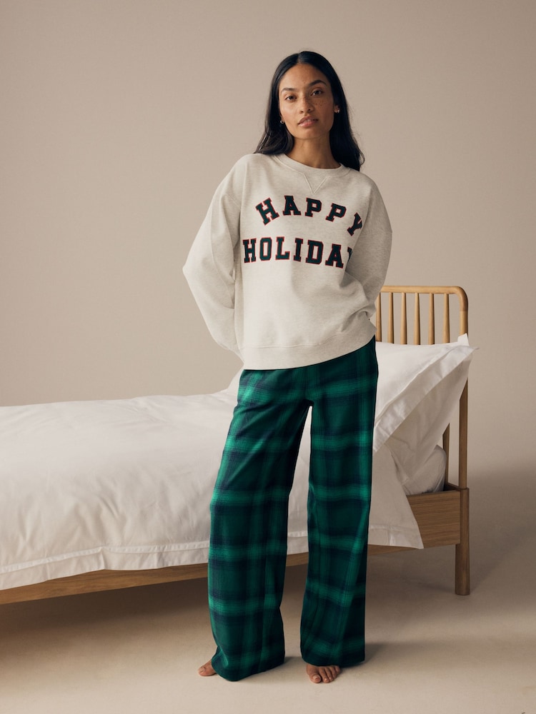 Grey/Green - Damska piżama na Boże Narodzenie z kolekcji dla całej rodziny, w 100% z bawełny, z napisem Happy Holidays - Image 1 of 6