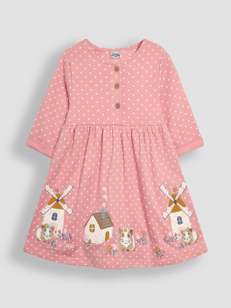 JoJo Maman Bébé Pink Guinea Pig Appliqué Button Front Dress - Image 1 of 3