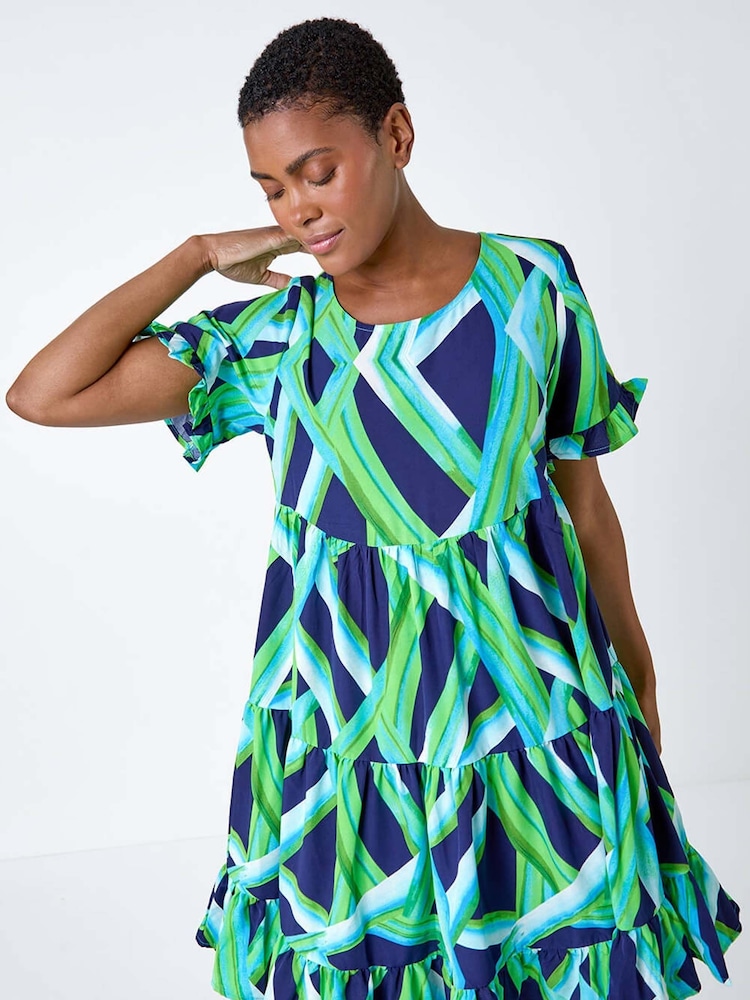 Roman Green Abstract Print Tiered Smock Dress - Image 2 of 5