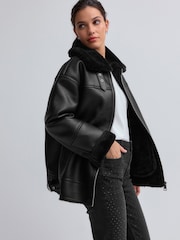 Black Aviator Faux Leather Biker Jacket - Image 1 of 7