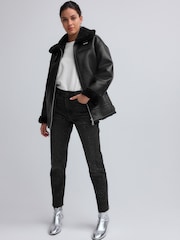 Black Aviator Faux Leather Biker Jacket - Image 2 of 7