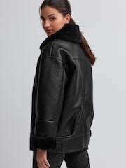 Black Aviator Faux Leather Biker Jacket - Image 3 of 7