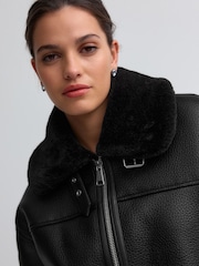 Black Aviator Faux Leather Biker Jacket - Image 4 of 7