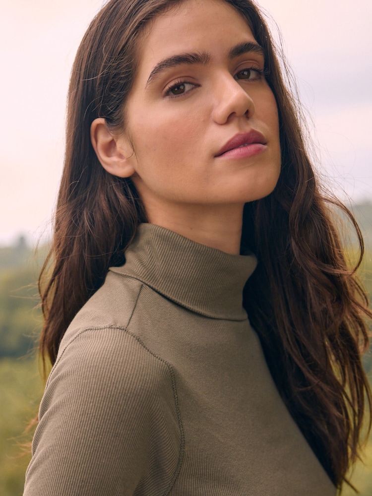 Green Long Sleeve Ribbed Roll Neck Top - Image 1 of 4
