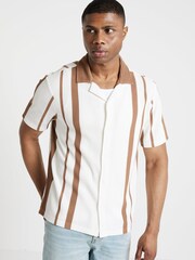 River Island Brown Regular Fit Short Sleeve Stripe 100% Cotton Shirt - Image 1 of 4