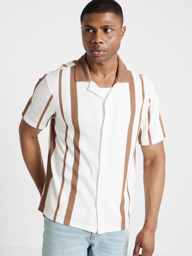 River Island Brown Regular Fit Short Sleeve Stripe 100% Cotton Shirt - Image 1 of 4