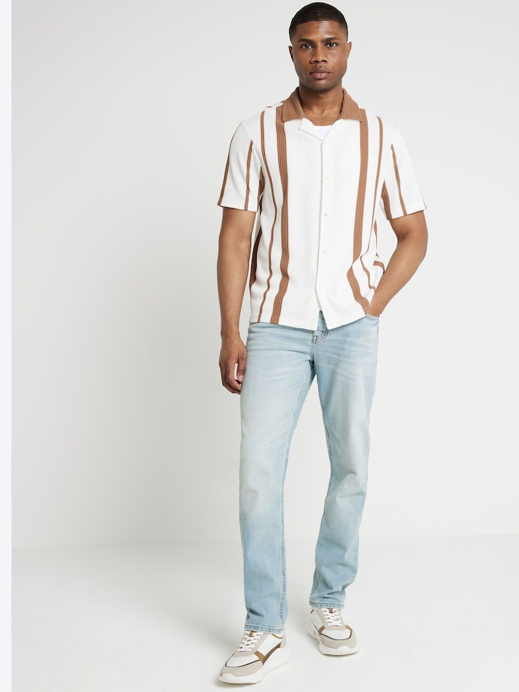 River Island Brown Regular Fit Short Sleeve Stripe 100% Cotton Shirt - Image 2 of 4