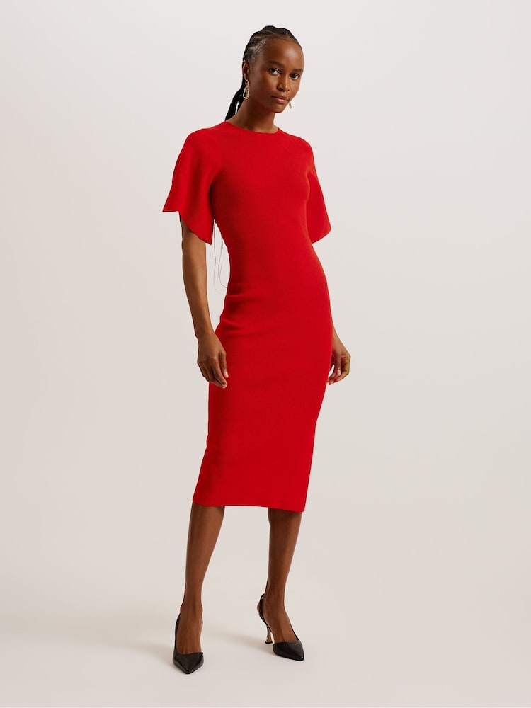 Ted Baker Red Raelea Rib Engineered Bodycon Midi Dress - Image 1 of 5