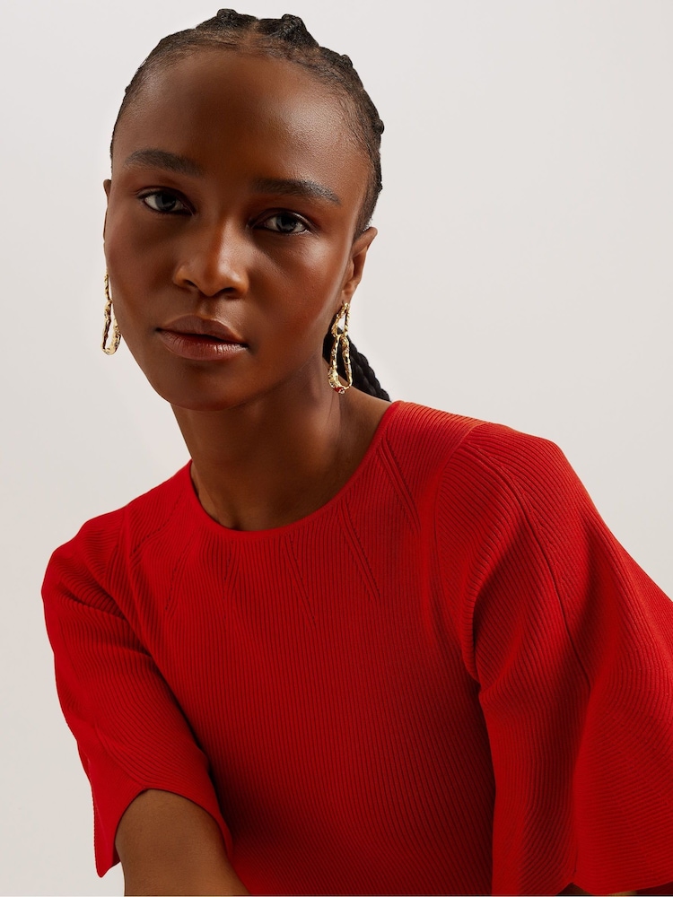 Ted Baker Red Raelea Rib Engineered Bodycon Midi Dress - Image 3 of 5