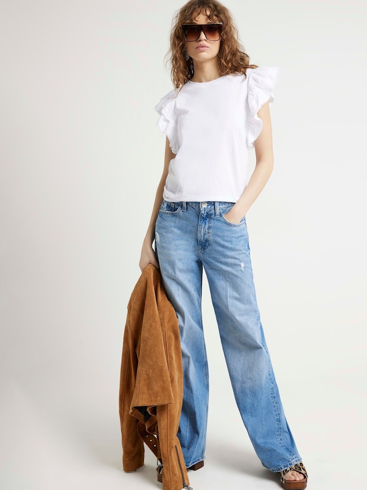 River Island White Broderie Frill Sleeve 100% Cotton Top - Image 1 of 4