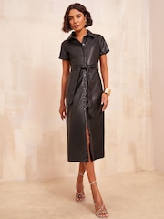 Friends Like These Black Faux Leather Midi Shirt Dress - Image 1 of 4