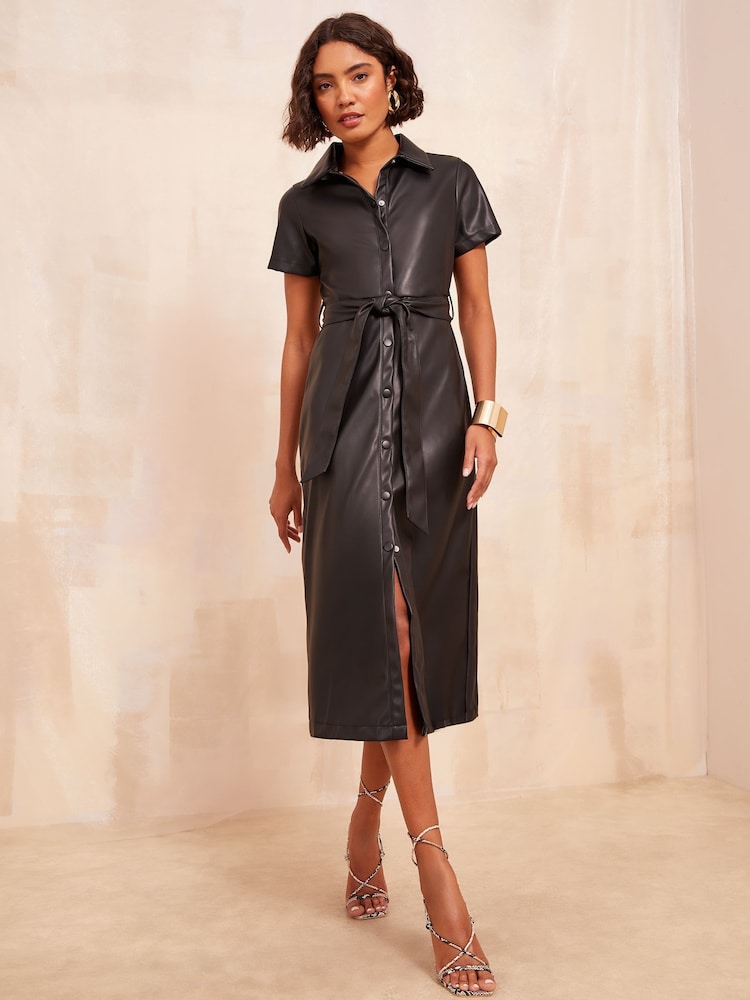 Friends Like These Black Faux Leather Midi Shirt Dress - Image 1 of 4