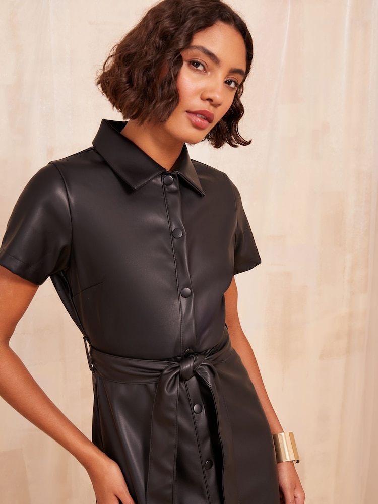 Friends Like These Black Faux Leather Midi Shirt Dress - Image 2 of 4