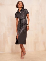 Friends Like These Black Faux Leather Midi Shirt Dress - Image 3 of 4