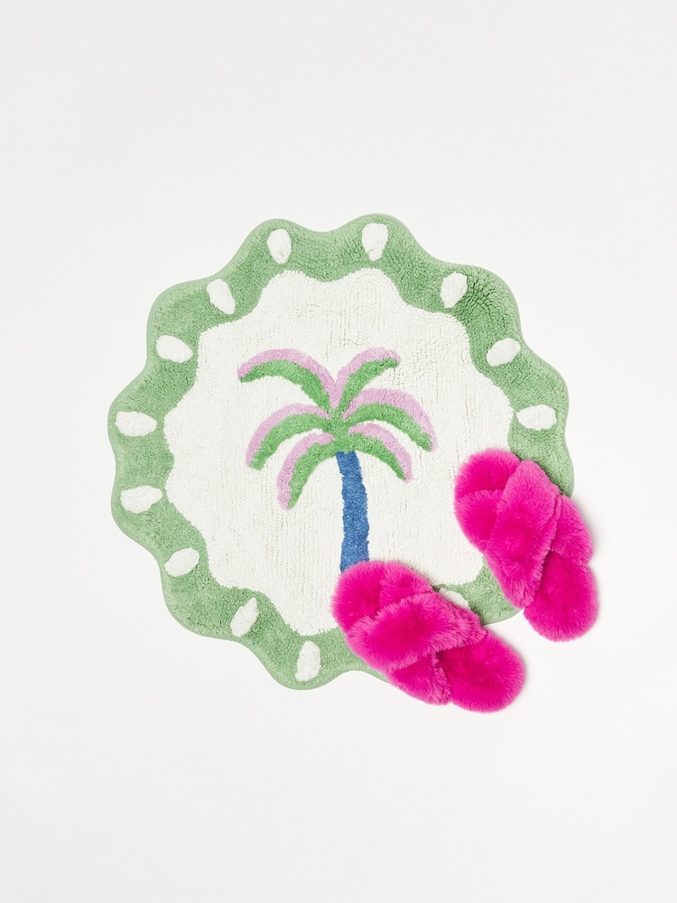 Oliver Bonas Green Palm Tree Round Scallop Bathmat - Image 2 of 4 Oliver Bonas Green Palm Tree Round Scallop Bathmat - Image 2 of 4
