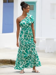 Friends Like These Green Floral One Shoulder Summer Printed Maxi Dress - Image 1 of 4