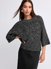 Black Sparkle Sequin Mesh Knitted Half Sleeve Jumper - Image 1 of 9