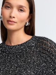 Black Sparkle Sequin Mesh Knitted Half Sleeve Jumper - Image 5 of 9