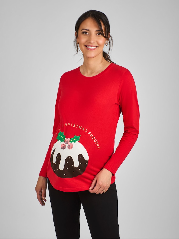 JoJo Maman Bébé Red Maternity Christmas Pudding Cotton Top - Image 1 of 4