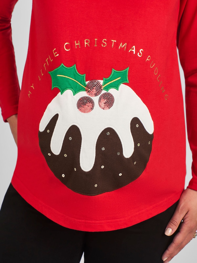 JoJo Maman Bébé Red Maternity Christmas Pudding Cotton Top - Image 4 of 4