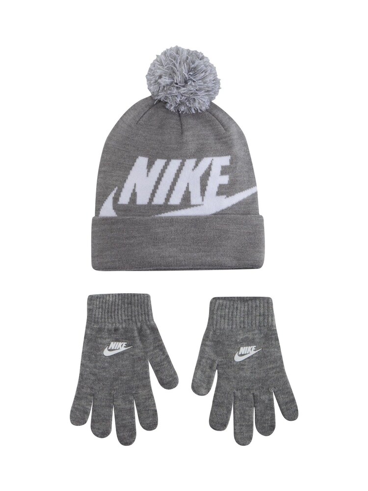 Nike Grey Swoosh Pom Beanie Gloves Set 4-7yrs - Image 1 of 7