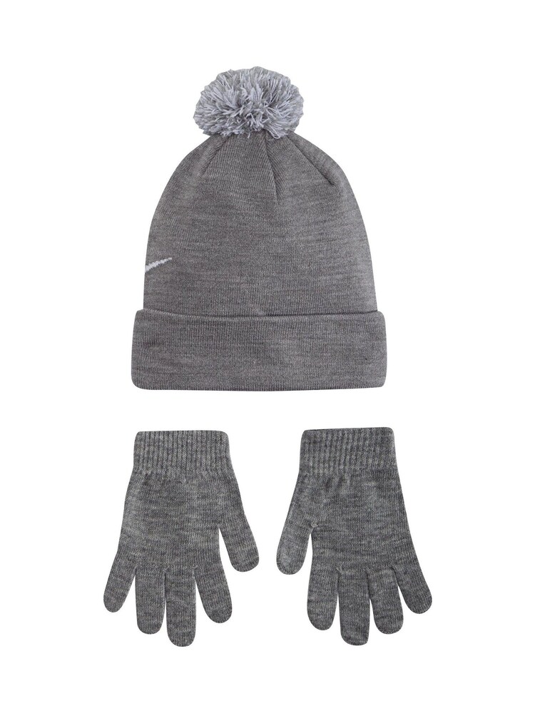 Nike Grey Swoosh Pom Beanie Gloves Set 4-7yrs - Image 2 of 7