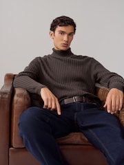 Brown Roll Neck Regular Fit Premium Lambswool Blend Rib Texture Jumper - Image 1 of 9