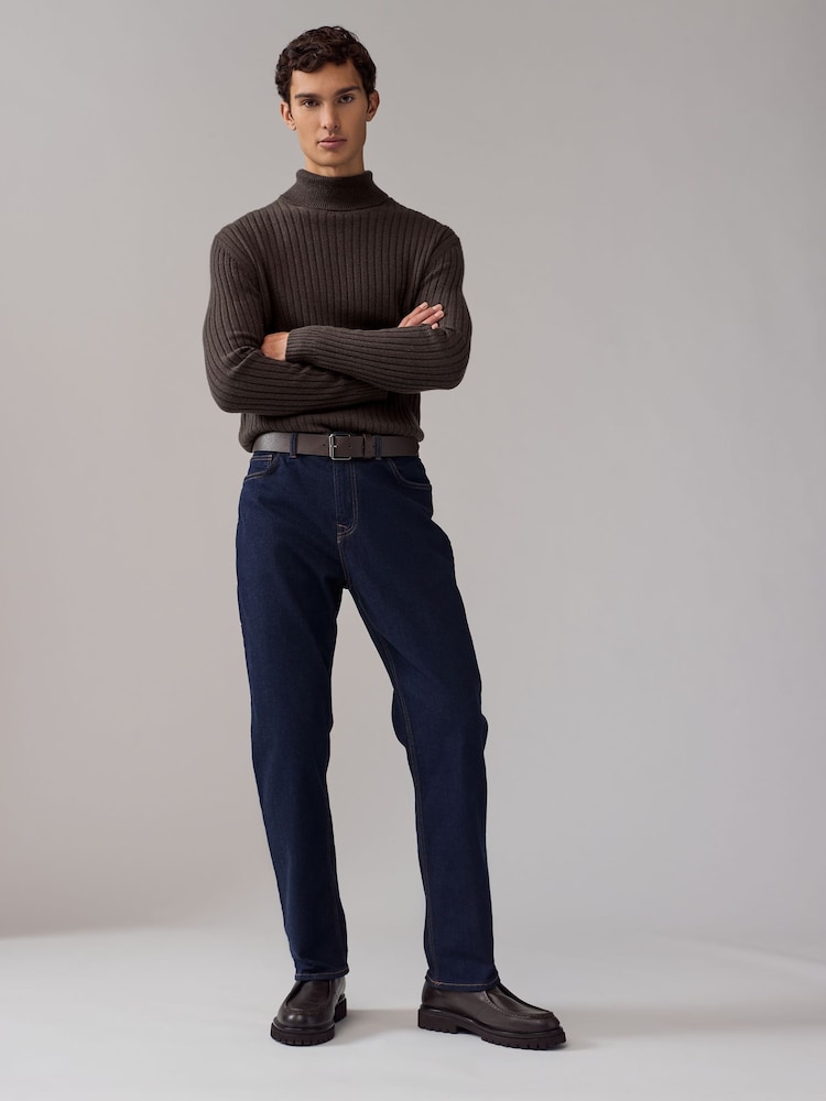 Brown Roll Neck Regular Fit Premium Lambswool Blend Rib Texture Jumper - Image 2 of 9