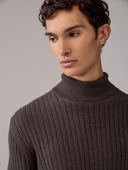 Brown Roll Neck Regular Fit Premium Lambswool Blend Rib Texture Jumper - Image 7 of 9