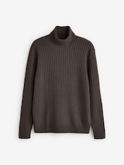 Brown Roll Neck Regular Fit Premium Lambswool Blend Rib Texture Jumper - Image 8 of 9