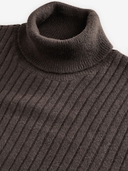 Brown Roll Neck Regular Fit Premium Lambswool Blend Rib Texture Jumper - Image 9 of 9