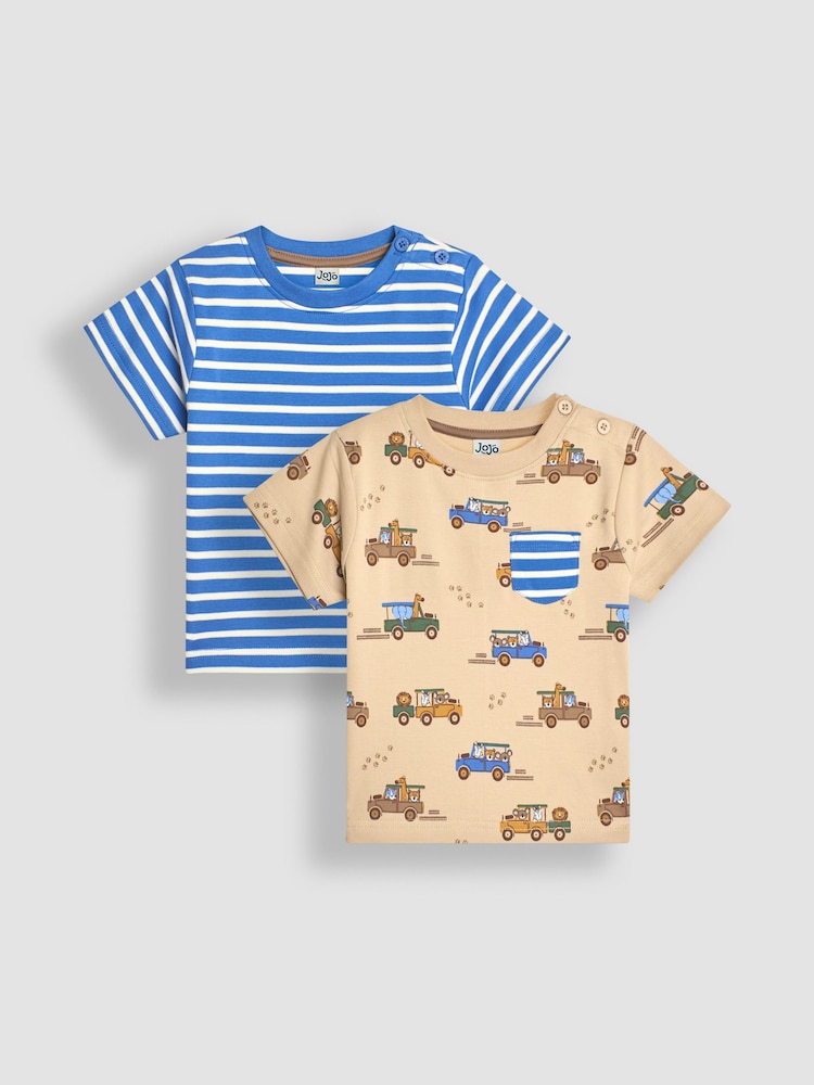 JoJo Maman Bébé Mocha Safari Vehicles Print & Stripe 2-Pack Pocket T-Shirts - Image 1 of 6
