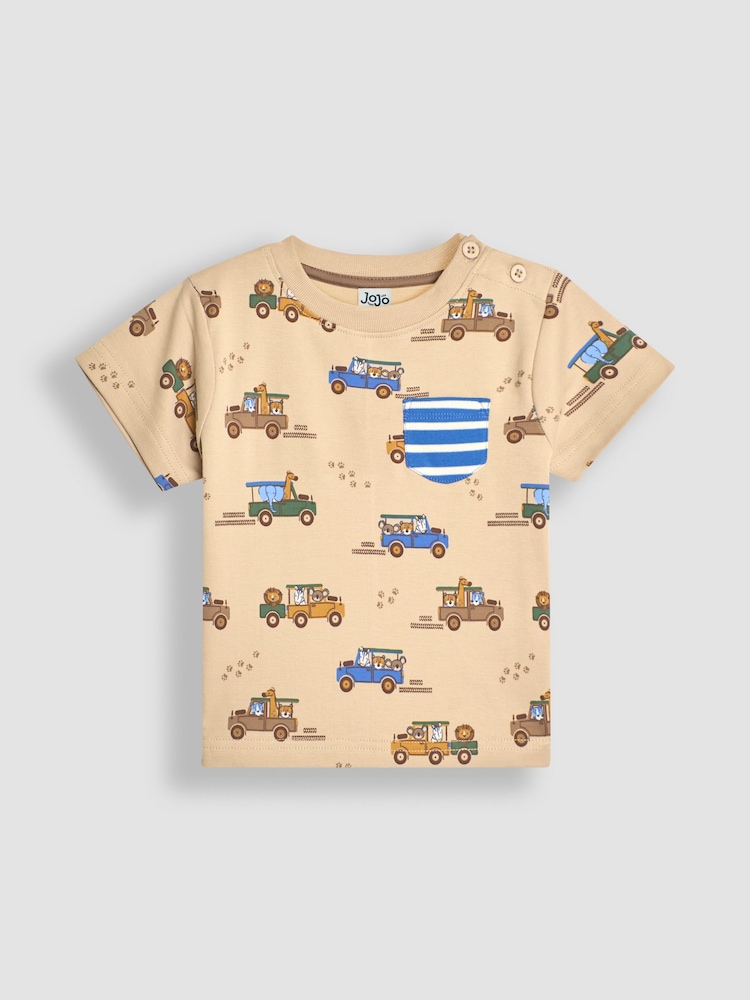 JoJo Maman Bébé Mocha Safari Vehicles Print & Stripe 2-Pack Pocket T-Shirts - Image 2 of 6