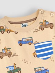 JoJo Maman Bébé Mocha Safari Vehicles Print & Stripe 2-Pack Pocket T-Shirts - Image 4 of 6