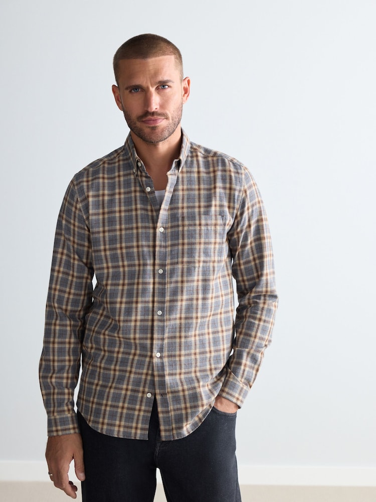 Grey 100% Cotton Signature Brushed Flannel Check Long Sleeve Oxford Shirt - Image 1 of 8