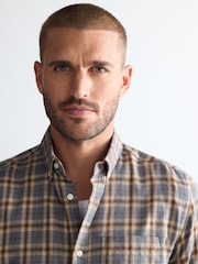Grey 100% Cotton Signature Brushed Flannel Check Long Sleeve Oxford Shirt - Image 4 of 8