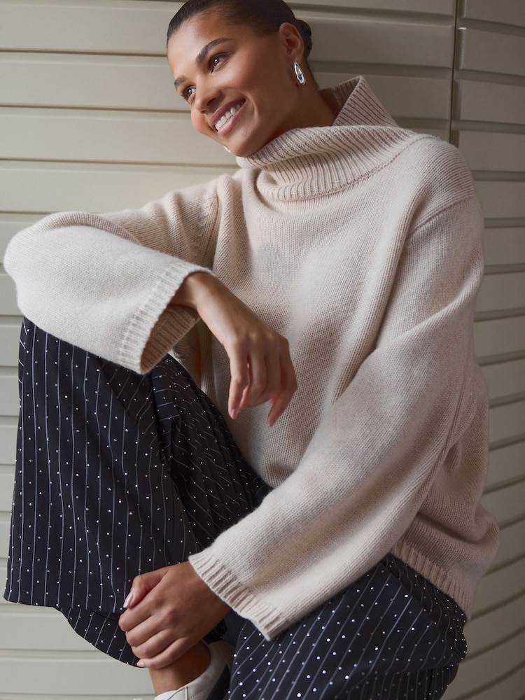 White Ecru Relaxed Fit Oversized Premium Knitted Jumper with Cashmere - Image 1 of 8