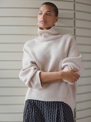 White Ecru Relaxed Fit Oversized Premium Knitted Jumper with Cashmere - Image 3 of 8