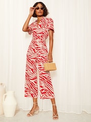 Friends Like These Red Collar Button Through Culotte Jumpsuit - Image 1 of 4