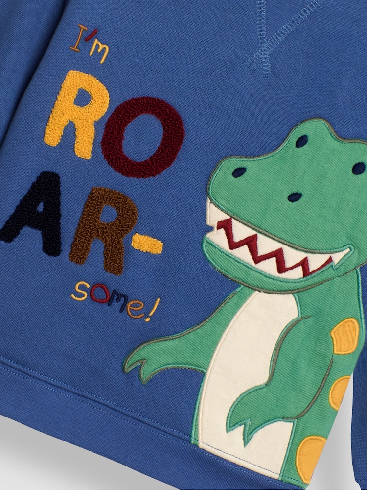 JoJo Maman Bébé Denim Blue TRex Appliqué Sweatshirt - Image 3 of 3