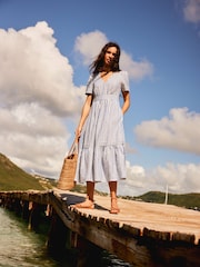 Boden Blue Stripe Eve Midi 100% Linen Dress - Image 1 of 6