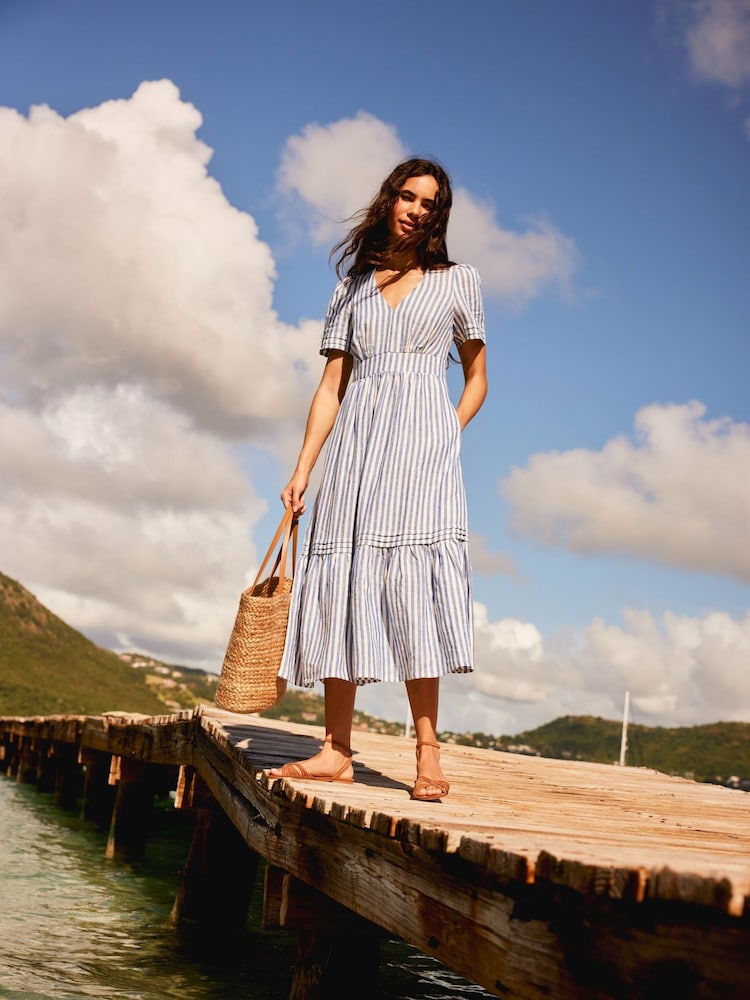 Boden Blue Stripe Eve Midi 100% Linen Dress - Image 1 of 6