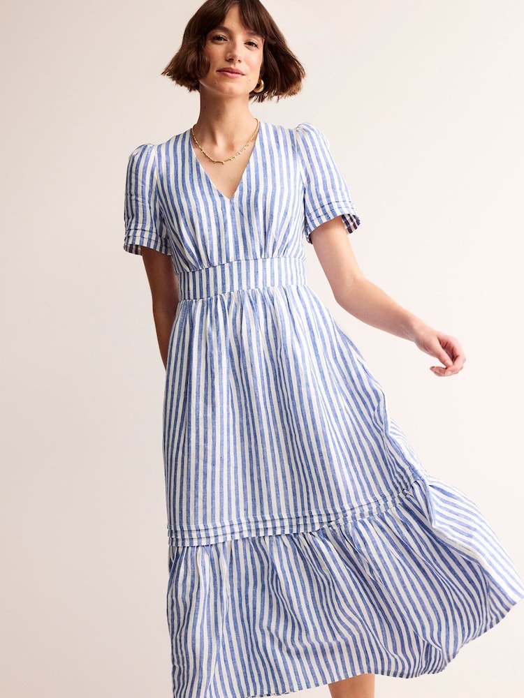 Boden Blue Stripe Eve Midi 100% Linen Dress - Image 2 of 6