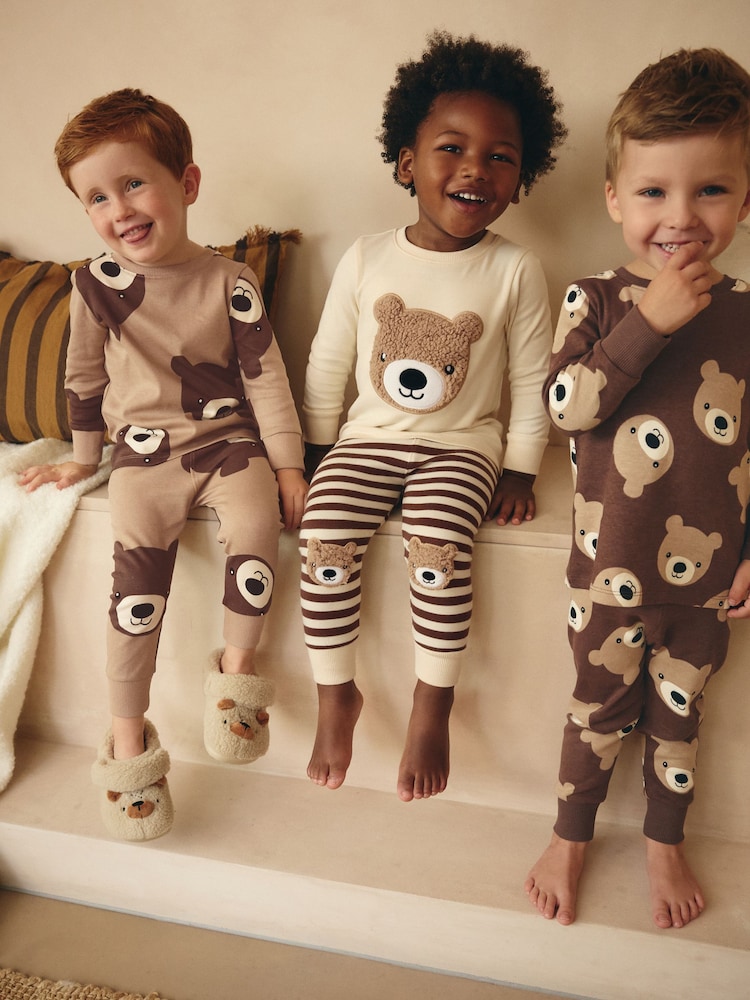 Brown/Cream 3 Pack Snuggle Pyjamas (9mths-6yrs) - Image 1 of 11