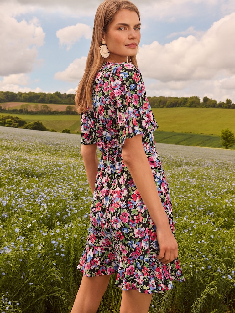 Love & Roses Black Floral Flutter Sleeve Mini Dress - Image 4 of 4 Love & Roses Black Floral Flutter Sleeve Mini Dress - Image 4 of 4