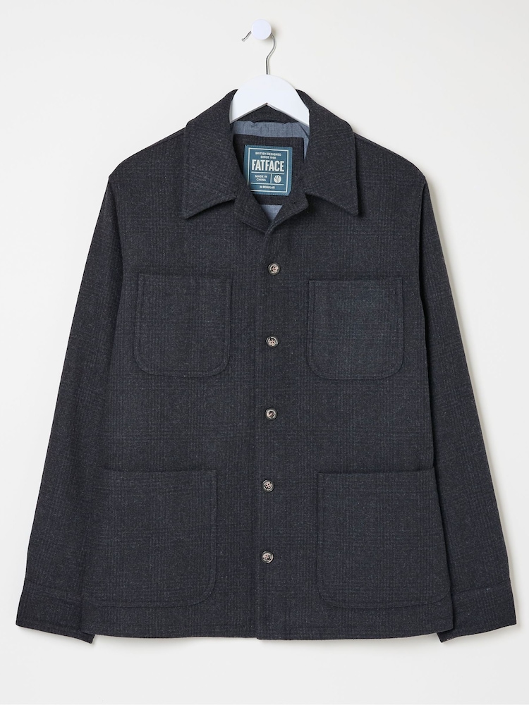 FatFace Dark Grey Wool Check Worker Jacket - Image 7 of 7
