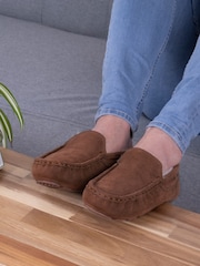 Totes Brown Mens Isotoner Real Suede With Closed Stitch Moccasin Slippers - Image 1 of 5