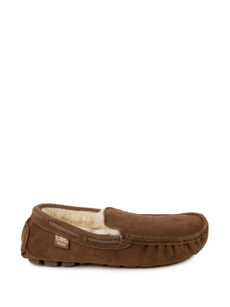 Totes Brown Mens Isotoner Real Suede With Closed Stitch Moccasin Slippers - Image 2 of 5