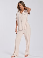 Loungeable Plain Cream Short Sleeve and Long Bottom Traditional Pyjama Set - Image 1 of 5