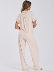 Loungeable Plain Cream Short Sleeve and Long Bottom Traditional Pyjama Set - Image 2 of 5